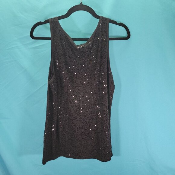 DKNY Womens Sequined Black Tank Top L 100% Cotton Shimmering Sleeveless Blouse - Picture 5 of 7